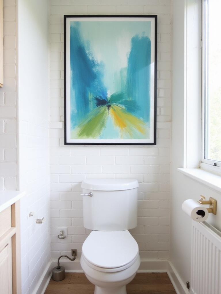 Small bathroom with a bold abstract painting hanging above the toilet.