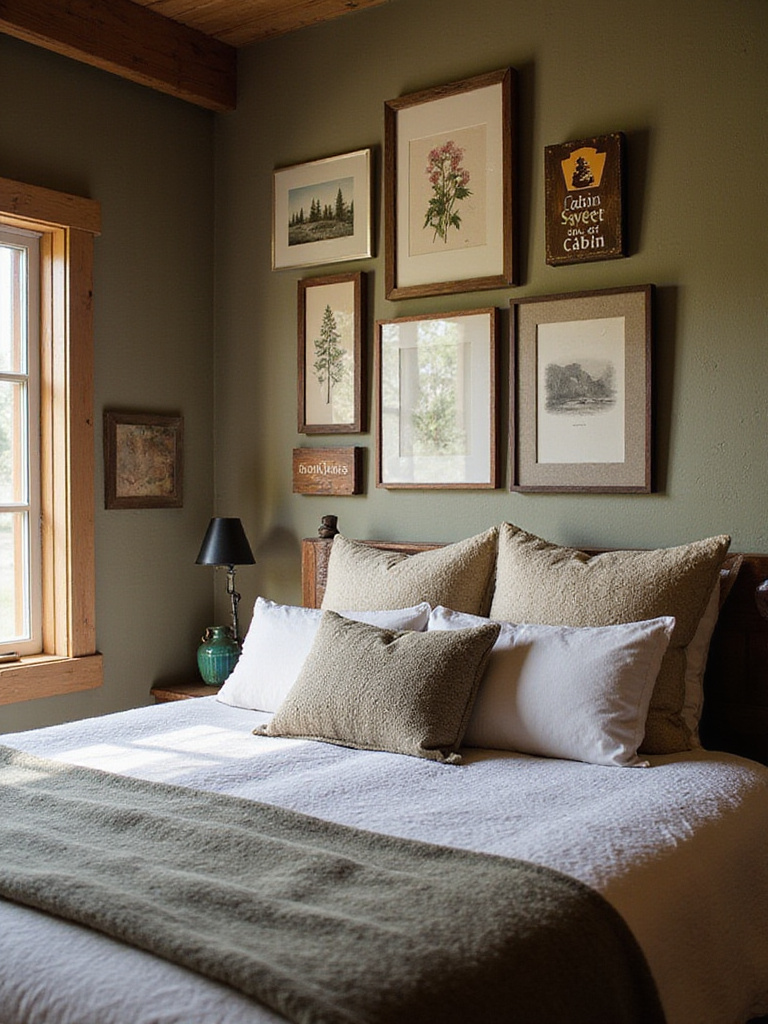 Rustic bedroom wall decor with framed nature prints and vintage signs above a cozy bed, enhancing the room's character.