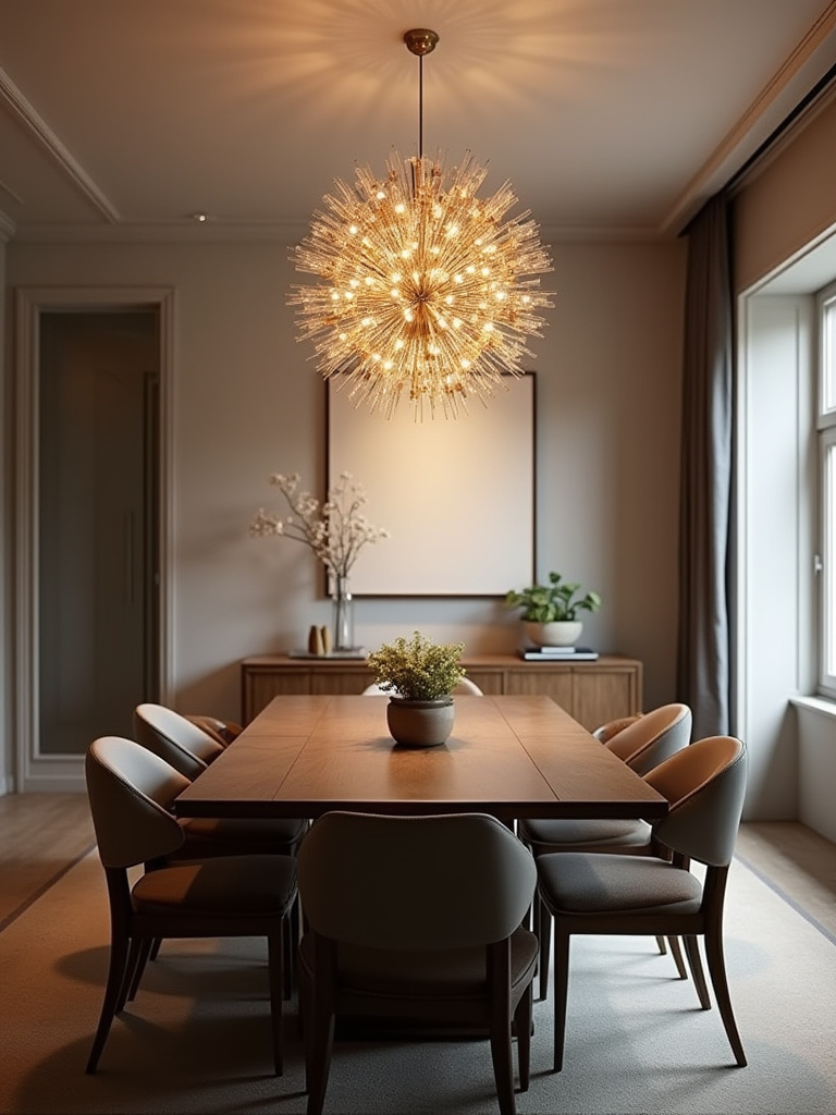 An elegant dining room featuring a large statement chandelier hanging over a wooden dining table with chairs.
