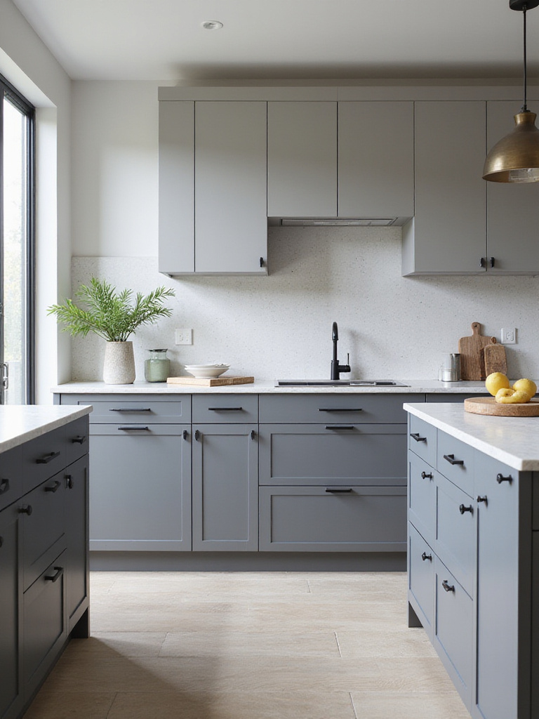 Gray kitchen cabinets showcasing a variety of hardware finishes including black pulls, gold knobs, and chrome handles, illustrating hardware harmony.