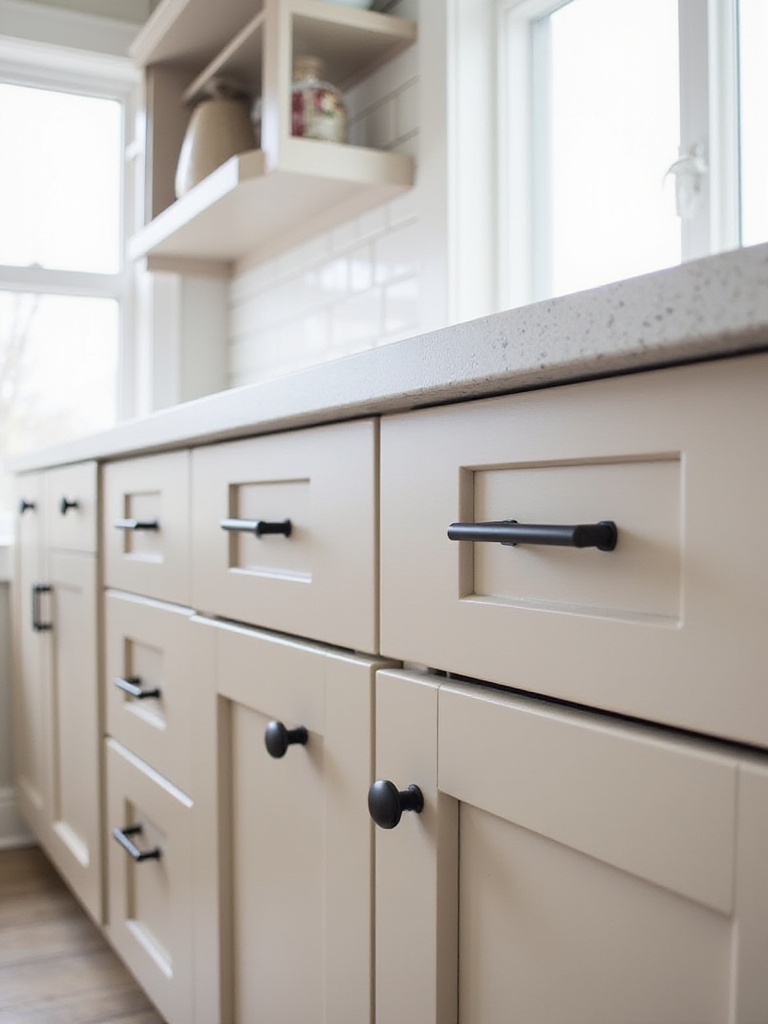 Close up of modern matte black bar pulls and knobs on beige kitchen cabinets in an apartment.