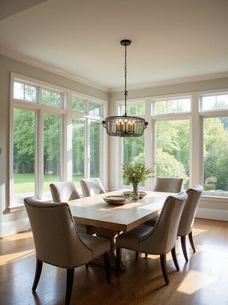 Modern farmhouse dining room with wooden table and upholstered chairs