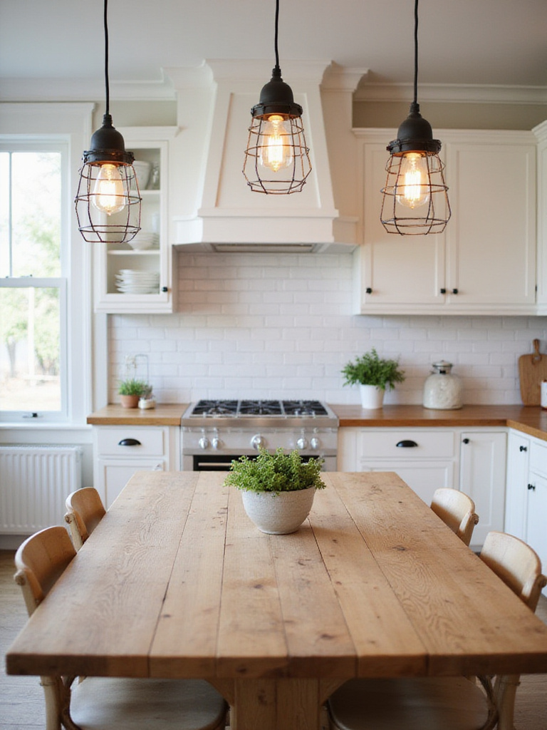Farmhouse kitchen with pendant lighting over a wooden table.
