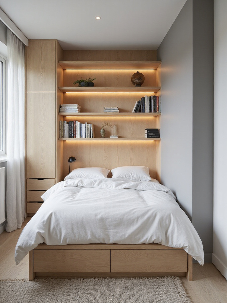Small bedroom with light wood headboard featuring built-in shelves and drawers for storage