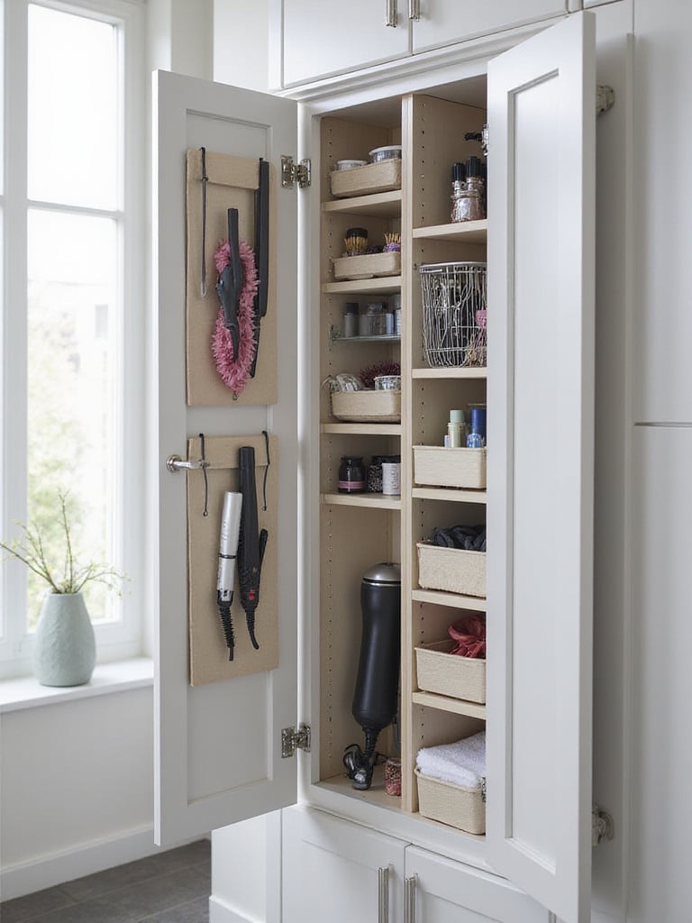 Open bathroom cabinet interior showing organized storage for hair tools like blow dryers, straighteners, and curling irons with heat-resistant compartments.