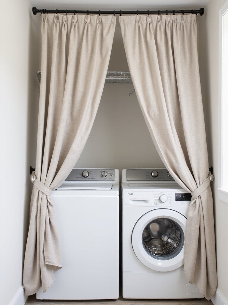 Stylish fabric curtains concealing a washer and dryer in a laundry area, offering a flexible and aesthetic way to hide appliances.