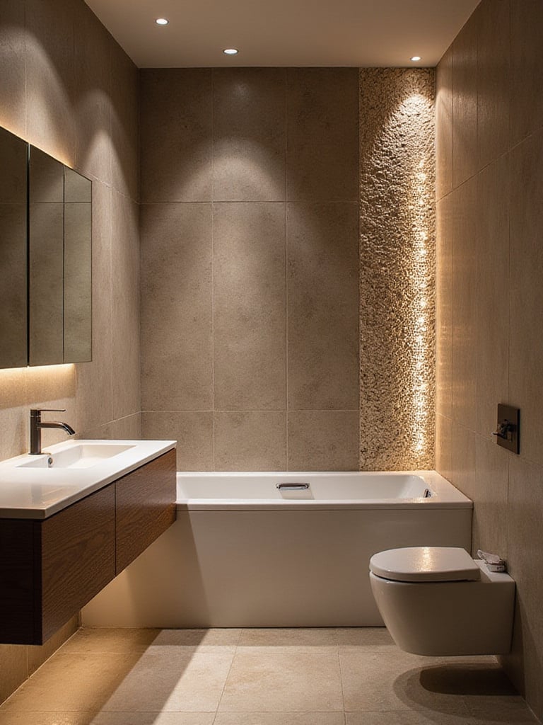 Modern bathroom showcasing accent lighting on textured walls and unique tile patterns.