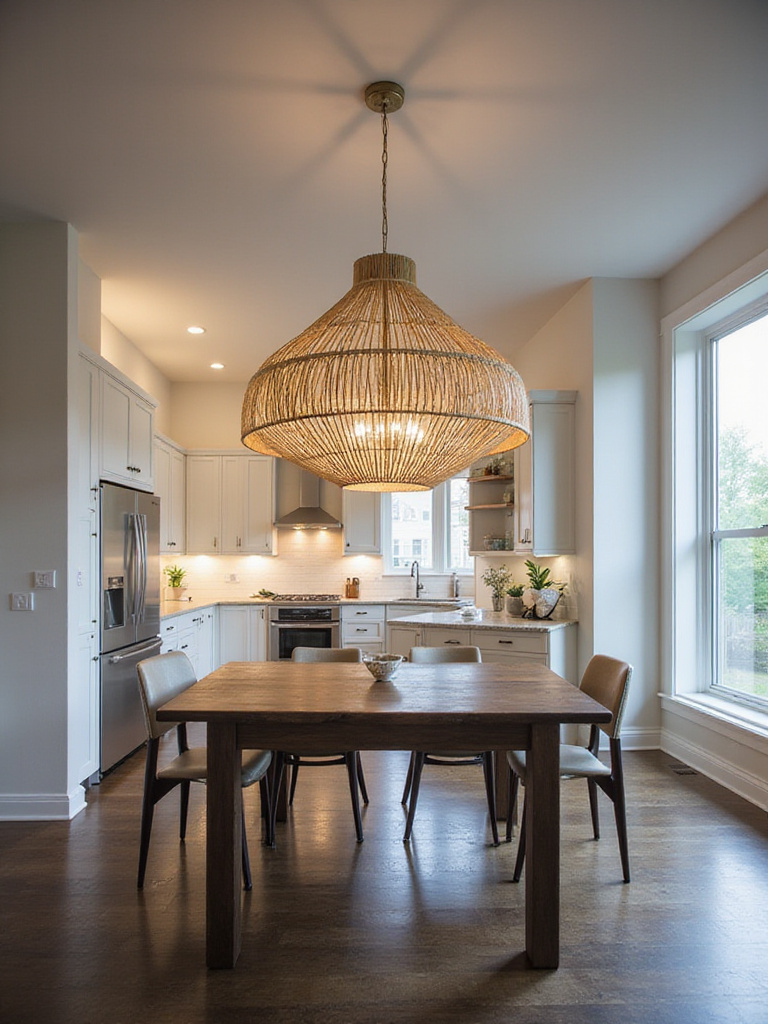 Modern kitchen dining area featuring a sculptural pendant light over a dark wood table.