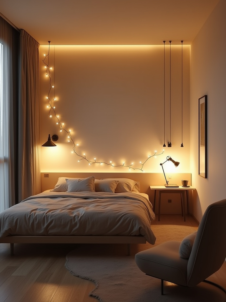 Small bedroom with layered lighting including sconces, desk lamp, string lights, and floor lamp.
