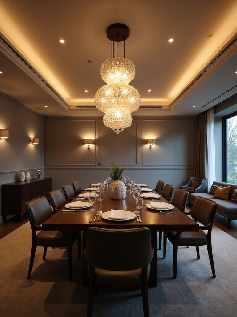 Modern dining room with chandelier and layered lighting