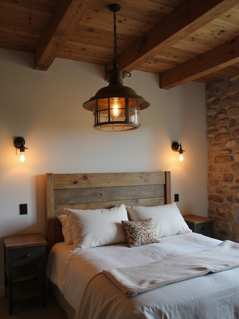 Rustic bedroom with wood bed, stone wall, industrial sconces, and lantern pendant light.