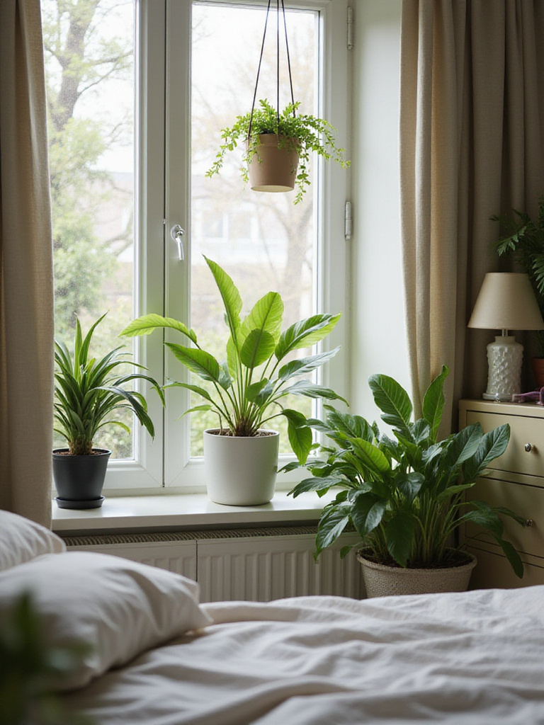 Tranquil apartment bedroom with air-purifying plants and a diffuser for improved air quality and style.