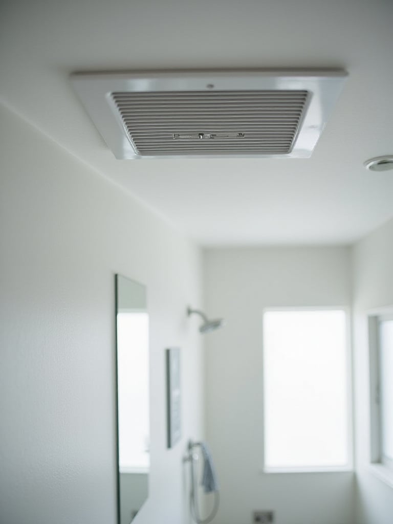 Modern bathroom ceiling with a new, sleek white ventilation fan cover installed. Shows improved bathroom ventilation as part of a renovation.