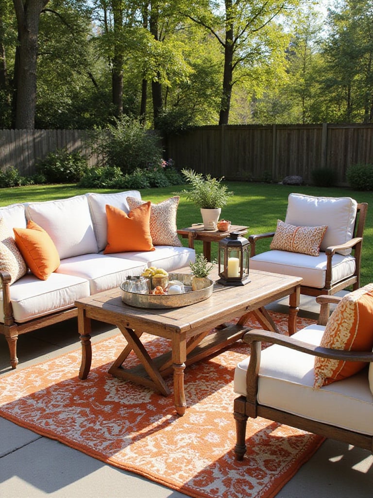 A stylish outdoor patio seating area featuring colorful weather-resistant pillows on comfortable furniture, a patterned outdoor rug anchoring the space, and decorative elements like plants and lanterns, creating a cozy and inviting atmosphere.