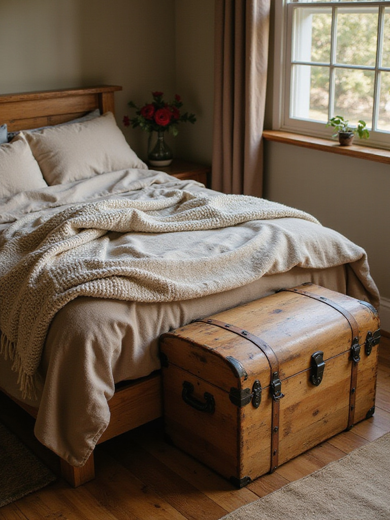 Rustic bedroom with distressed wooden trunk at foot of bed, providing seating and storage.