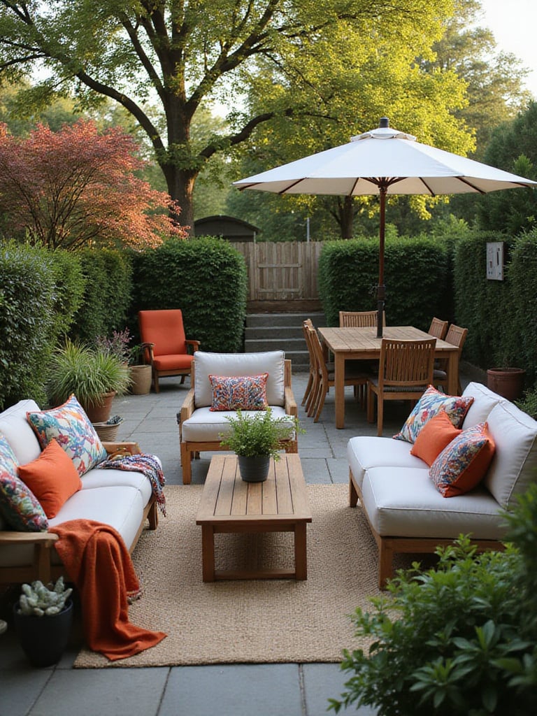 Beautifully furnished patio with distinct lounging and dining areas, comfortable seating, outdoor cushions, and lush surrounding plants under warm evening light.
