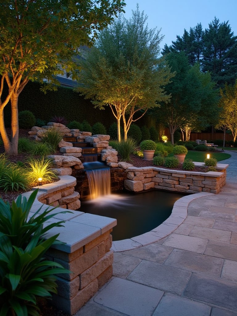 A serene patio features a pondless waterfall integrated into a stone wall, surrounded by plants and soft lighting at dusk.