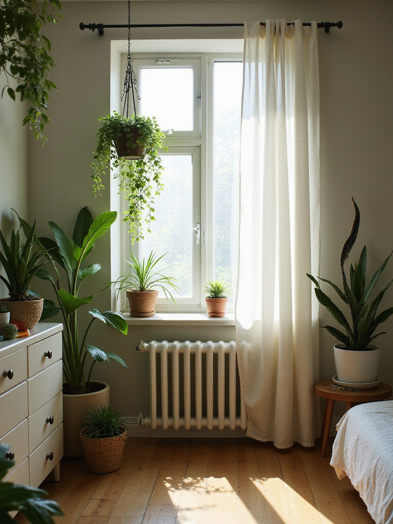 A calming apartment bedroom showcasing various houseplants placed on shelves, a windowsill, and a bedside table to add greenery and maximize space.