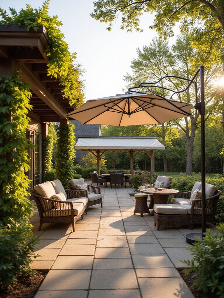 A patio showcasing various shade options, including a vine-covered pergola, a large cantilever umbrella, and a retractable awning over different seating and dining areas.