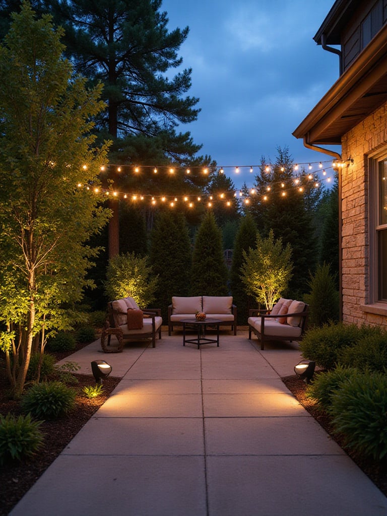 A modern patio at dusk featuring integrated smart technology, including ambient string lights, landscape spotlights, and outdoor speakers, creating a warm and inviting outdoor living space.
