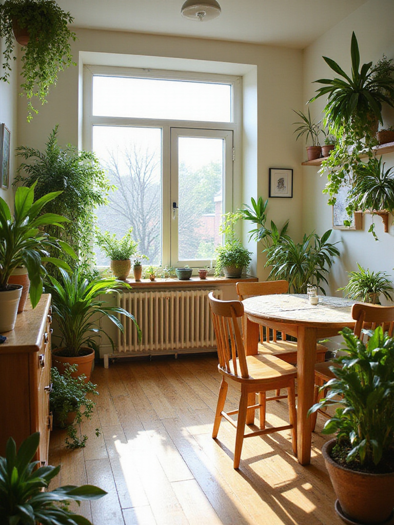 A bright dining room featuring a wooden table and chairs, decorated with various green plants including a large corner plant, plants on a sideboard, and hanging plants, creating a fresh and inviting atmosphere.