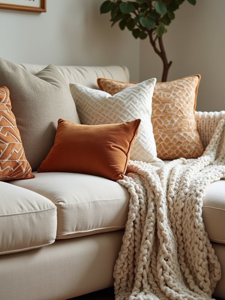 Living room with decorative pillows and throws arranged on a sofa
