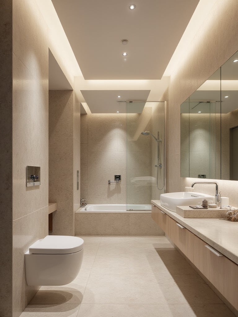 Modern bathroom with recessed lighting creating a clean and minimalist look