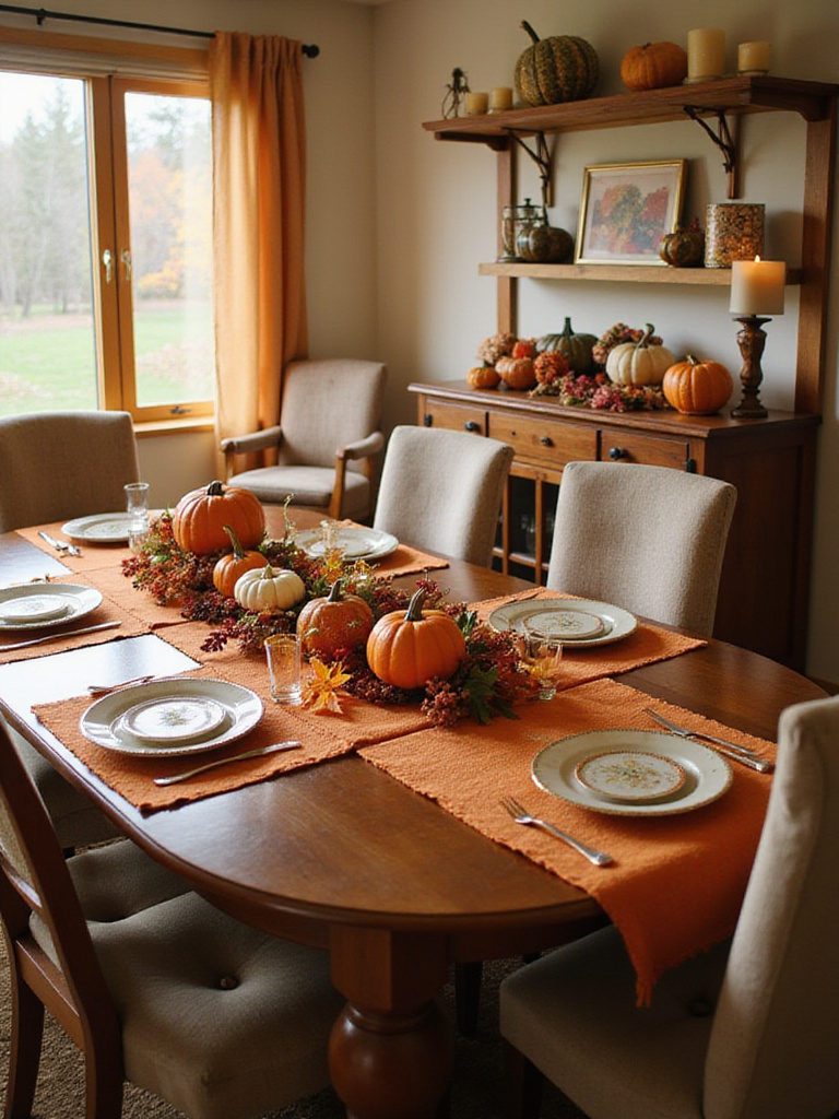 A dining room decorated for autumn with a table centerpiece of pumpkins and leaves, warm lighting, and seasonal accents on a sideboard.
