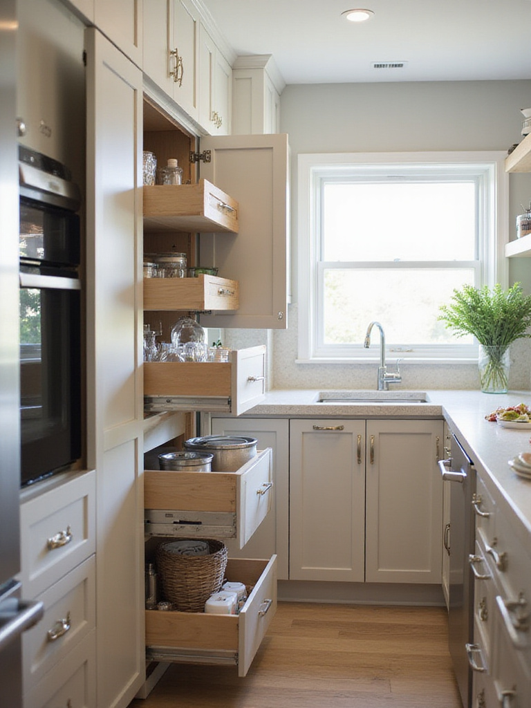 Modern kitchen with pull-out storage solutions showcasing organization and accessibility.