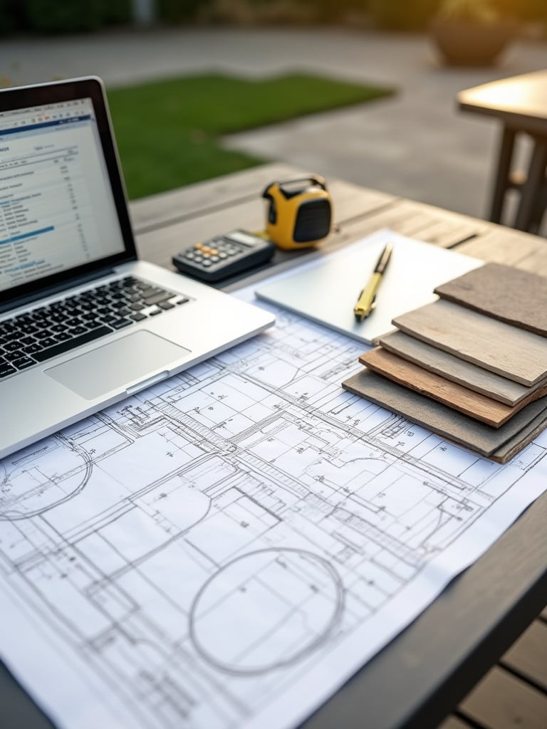 Outdoor table with patio design blueprints, material samples, and a budget spreadsheet on a laptop, illustrating effective patio planning and budgeting.
