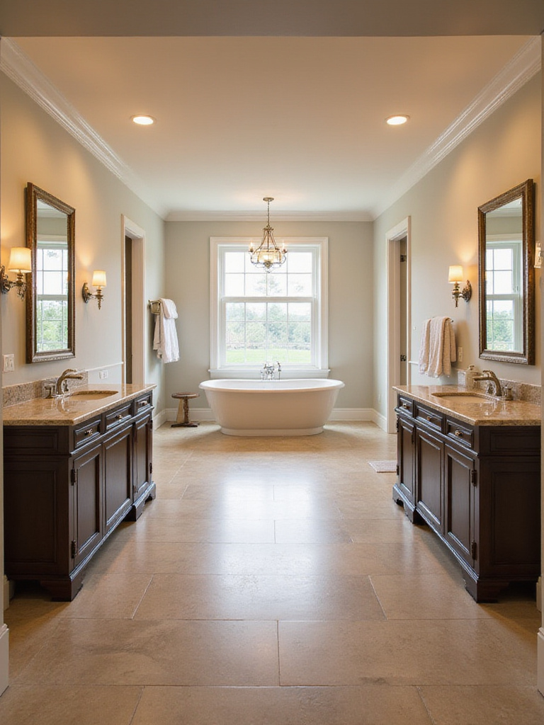 A transitional bathroom featuring a warm-toned tile floor with radiant heat, a modern freestanding tub, a classic vanity, and a heated towel rack, creating a comfortable and elegant space.