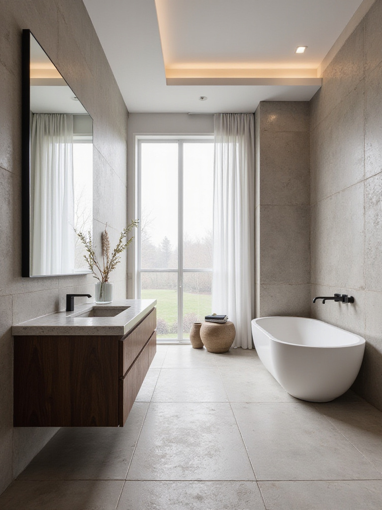 Transitional bathroom design featuring a floating dark wood vanity with a light honed stone countertop, large format stone floor tiles, and a freestanding tub, showcasing natural materials.