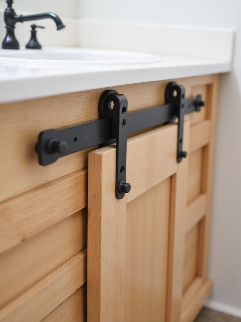 Close-up of a natural pine farmhouse vanity cabinet with miniature black metal sliding barn door hardware.