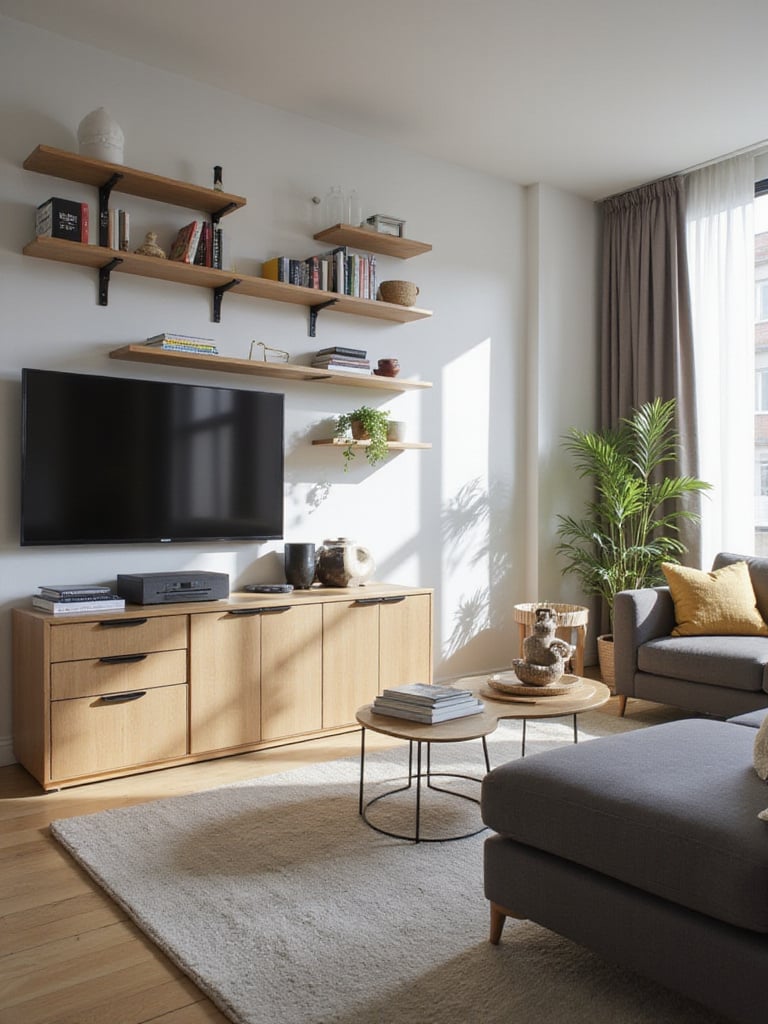 Modern living room showcasing various smart storage solutions including a media console, floating shelves, storage ottoman, and corner cabinet, creating an organized and stylish space.