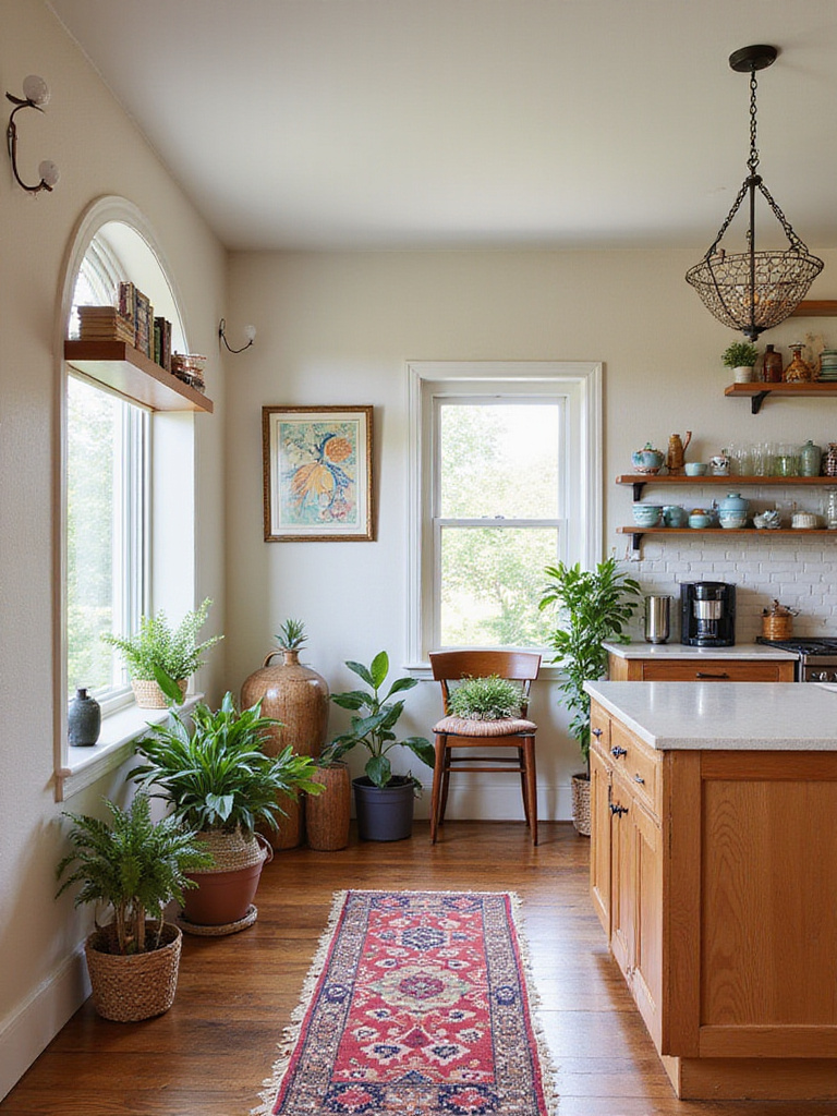 Kitchen interior featuring open shelving with displayed pottery and cookbooks, a unique pendant light over an island, a colorful rug, and personal art on the wall, showcasing personality in the design.