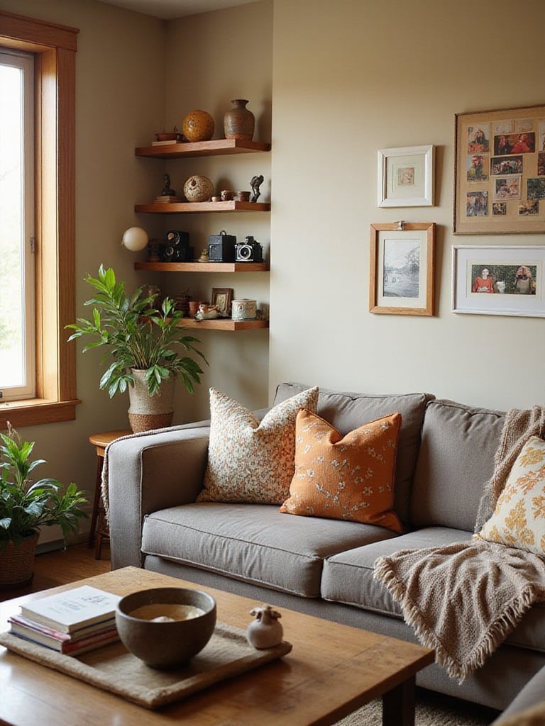 Living room decorated with personal accessories like framed photos, books, and curated collections on shelves, creating a warm and inviting space.