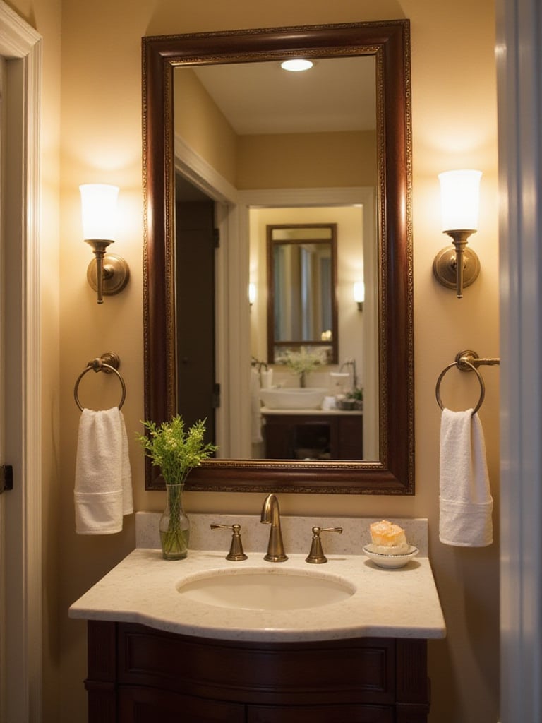 A well-lit bathroom with sconces beside a mirror providing perfect task lighting.
