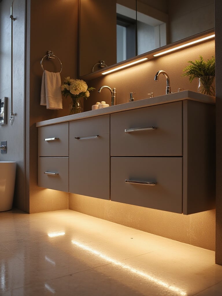 Professional photo of a bathroom with toe-kick lighting creating a warm, ambient glow.