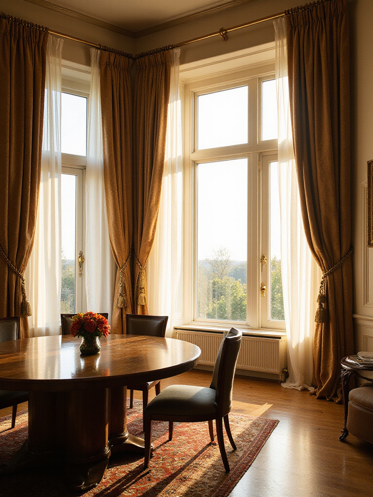 Elegant dining room with large windows featuring layered sheer and heavy drapes, showcasing sophisticated window treatments.