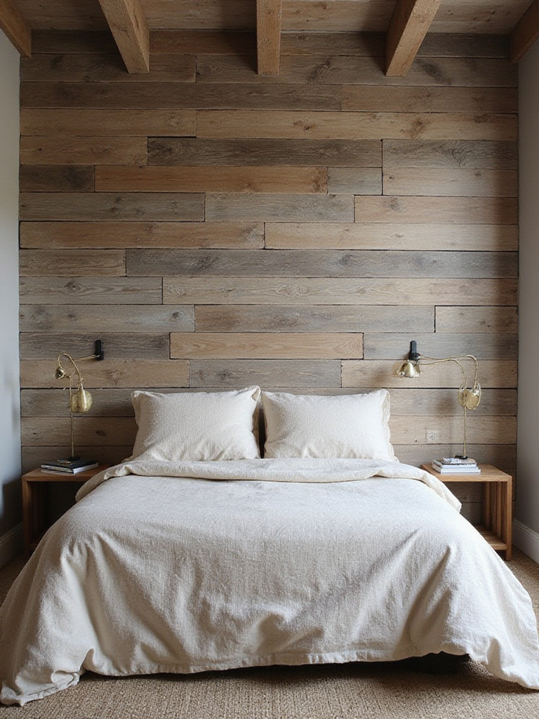 Rustic bedroom featuring a textured barnwood accent wall behind the bed, enhancing the cozy and inviting atmosphere.