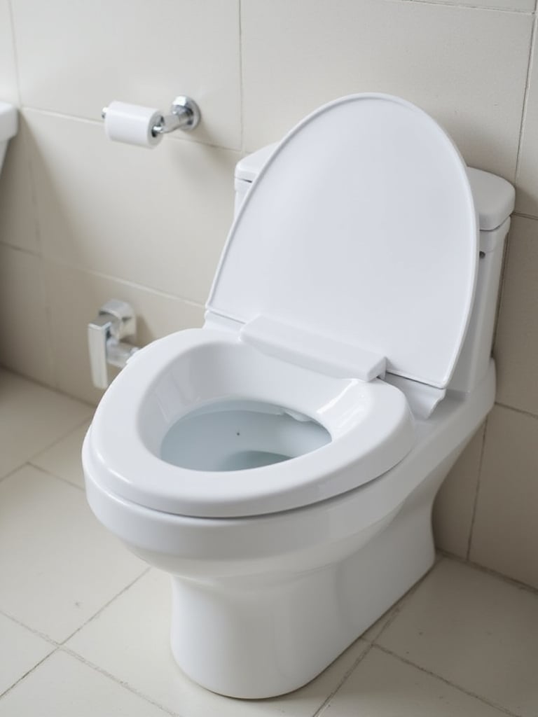 A modern white toilet with a new soft-close seat installed in a clean bathroom, illustrating a simple budget renovation upgrade.