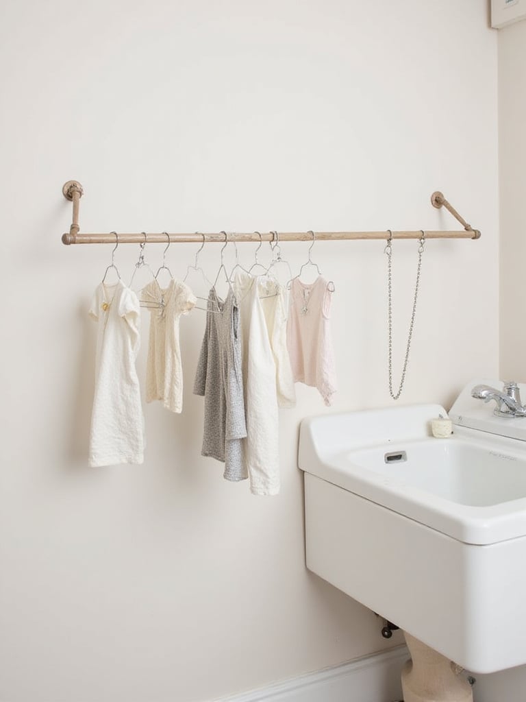 A simple rod installed in a laundry room for hanging delicate clothes to air dry, promoting garment care and saving energy.