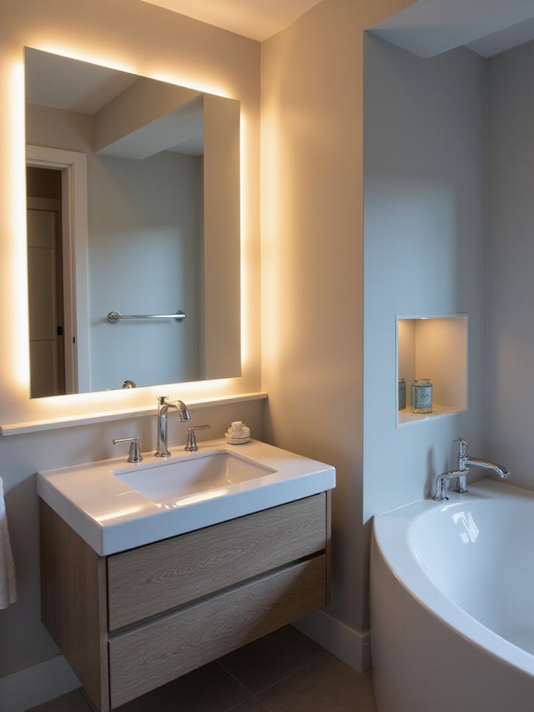 Modern bathroom with integrated smart lighting controls showcasing various lighting scenes.