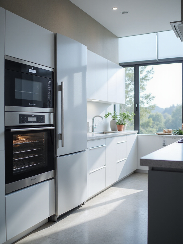 Modern kitchen featuring smart appliances and automated lighting