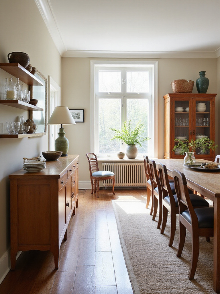 Transitional dining room layout featuring a large dining table, chairs, a wooden sideboard with decor, and a china cabinet displaying dinnerware, illustrating effective storage integration.
