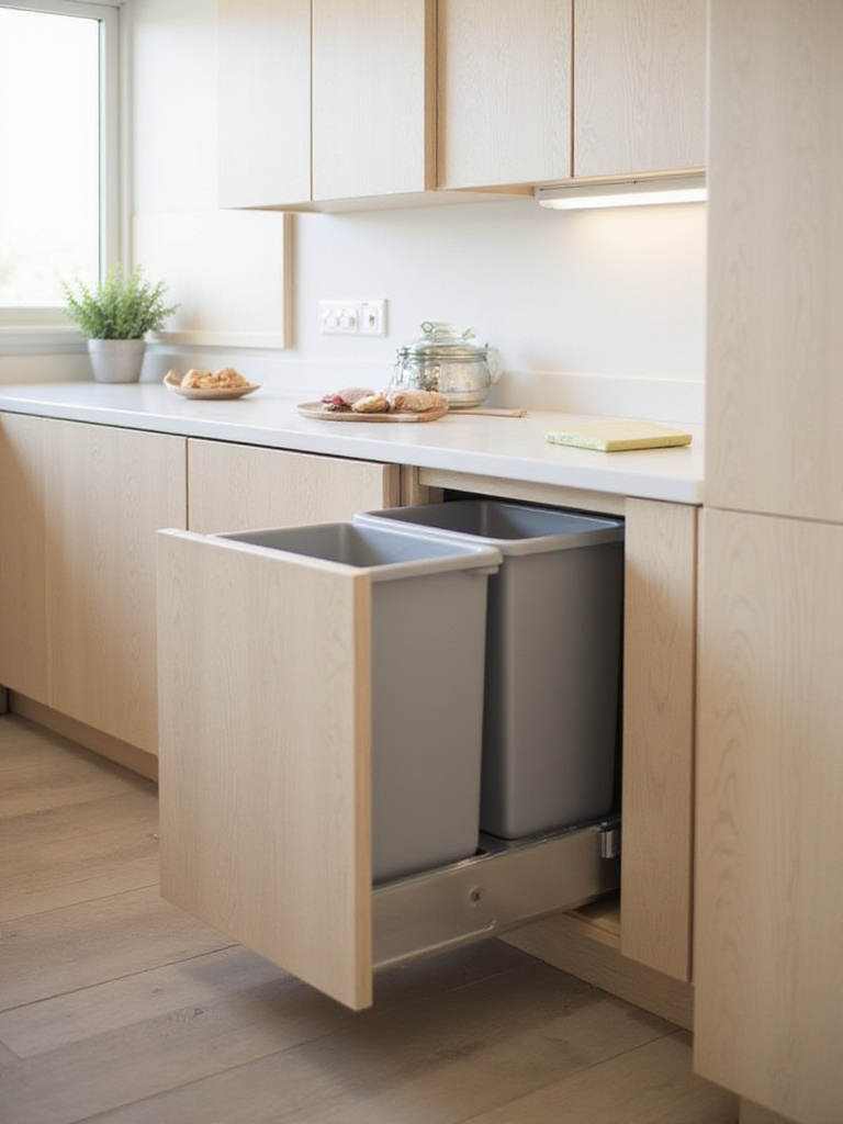 Integrated pull-out trash and recycling bins in a modern kitchen cabinet, showcasing convenient waste management.