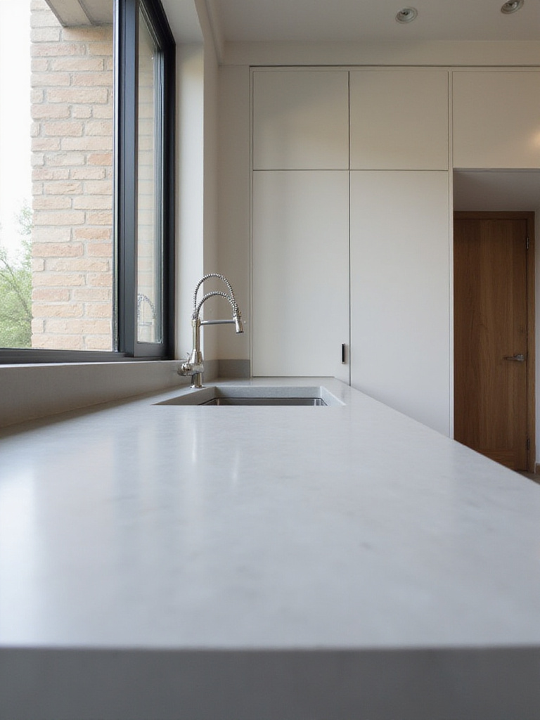 Modern kitchen featuring a light grey solid surface countertop with a seamlessly integrated sink, showcasing a minimalist design and clean lines.
