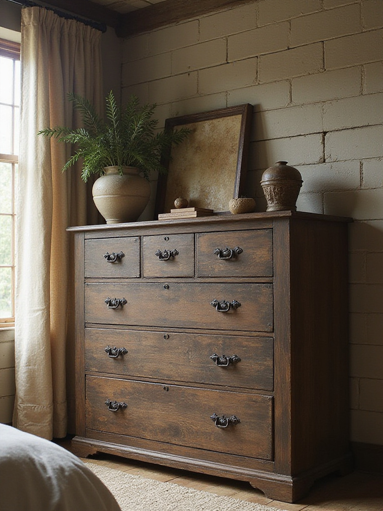 Large distressed dark wood dresser in a rustic bedroom with natural light, adding cozy character and storage.