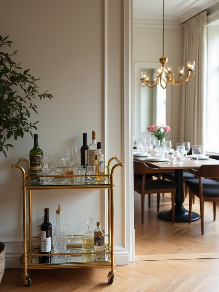 A chic brass and glass bar cart styled with bottles and glassware sits elegantly in the corner of a well-appointed dining room.