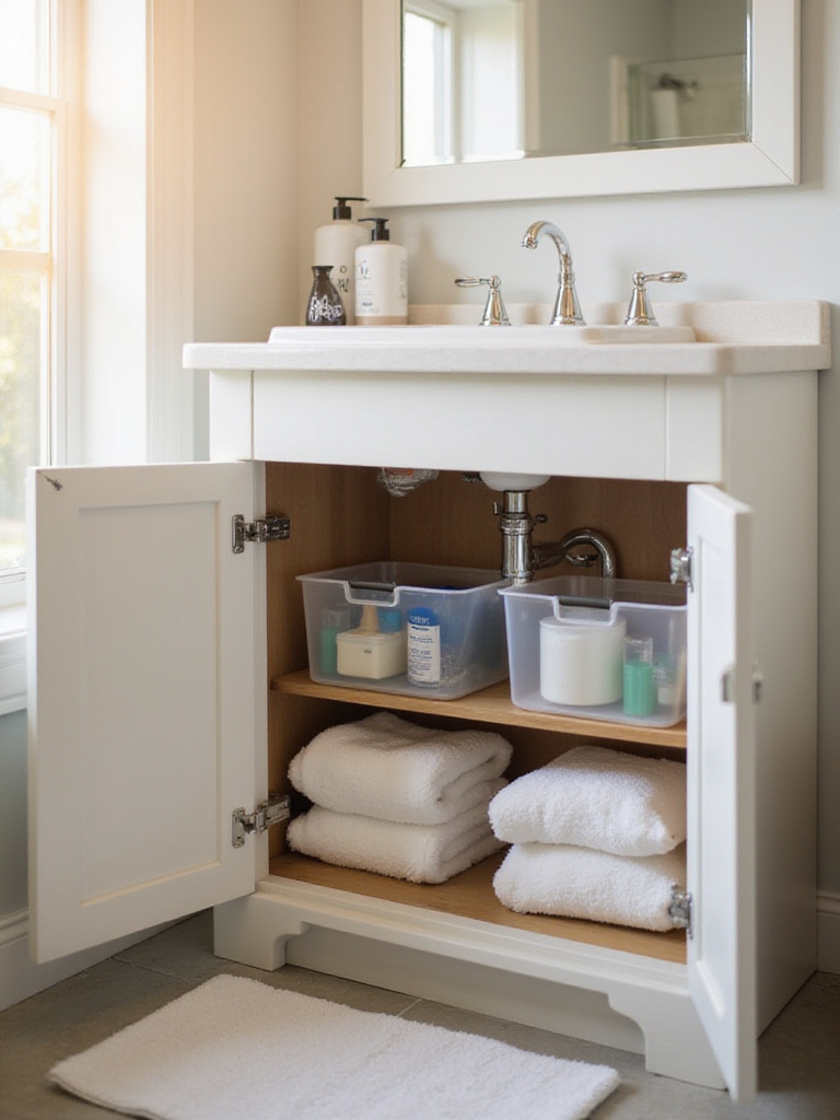 Organized under-sink storage in a small bathroom with adjustable shelves and clear bins.